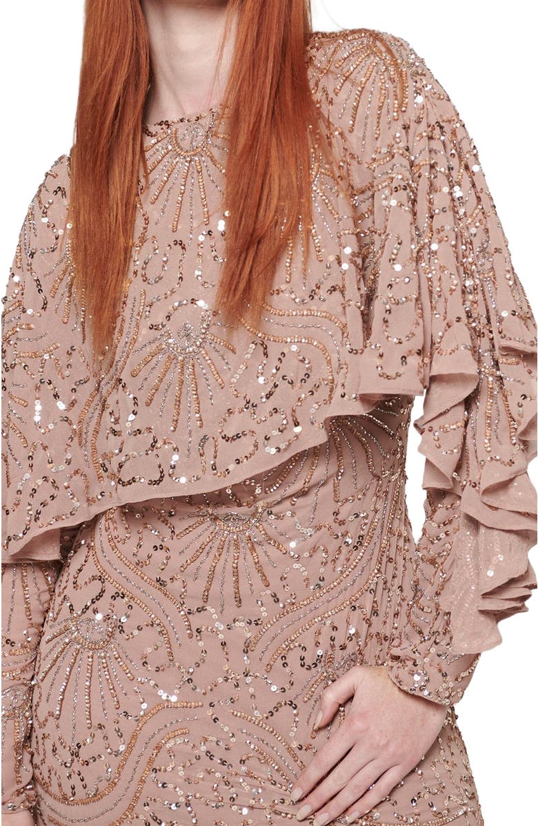 MARYISA Occasion Modest Embellished Sequin Beaded Evening Maxi Dress, Alternate, color, Taupe Blush