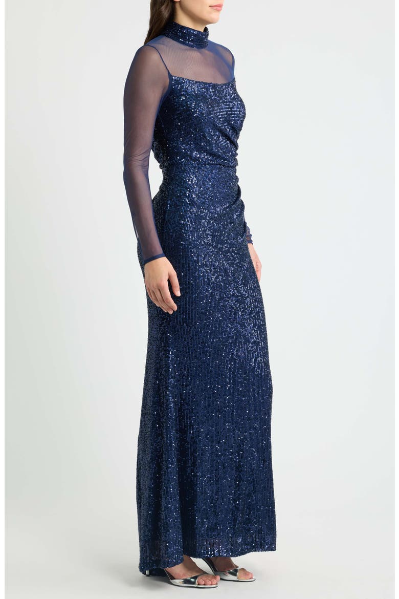 Long Sleeve Mock Neck Sequin Gown, Alternate, color, NAVY