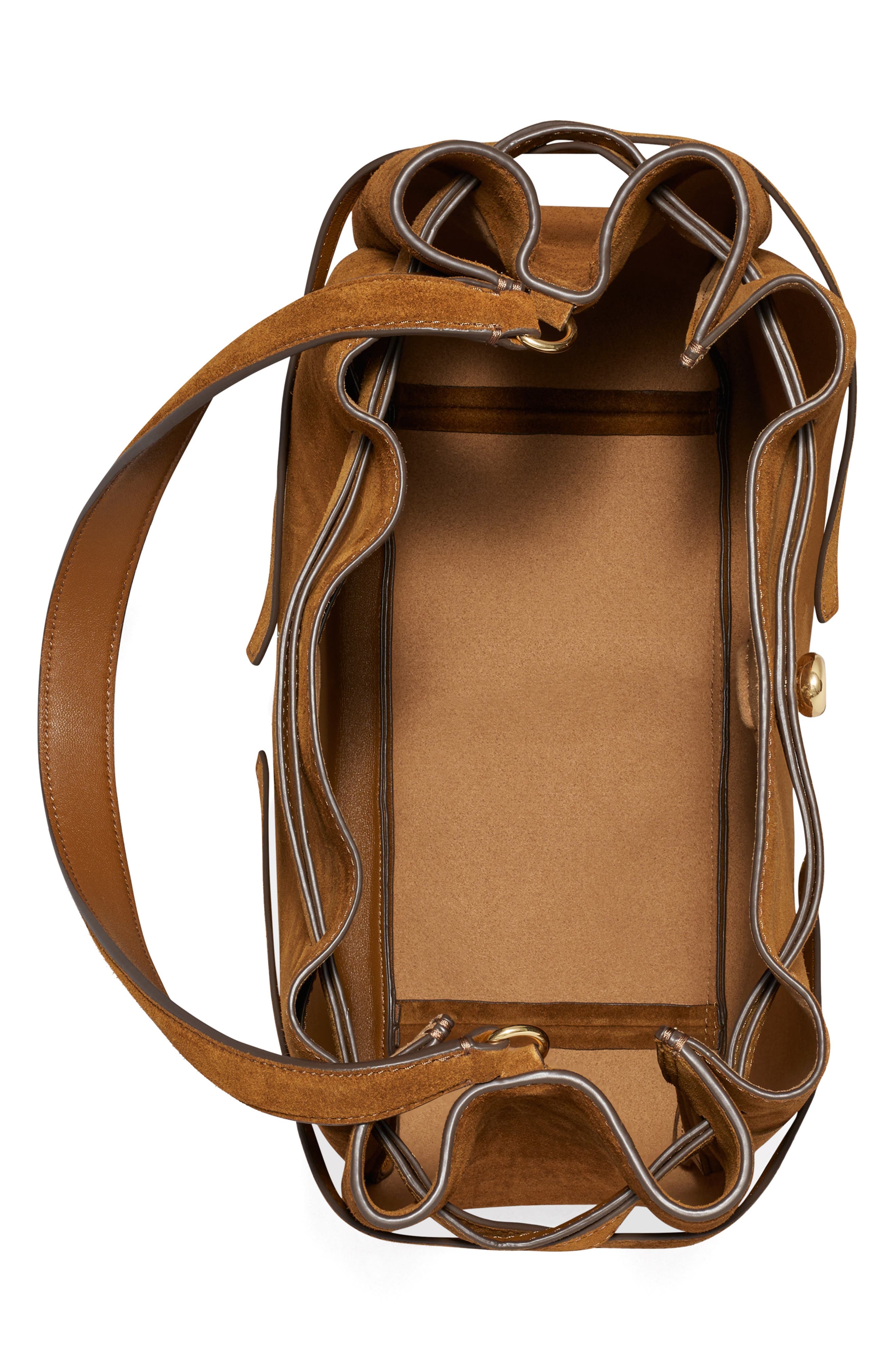 Tory Burch Large Romy Suede Bucket Bag, Alternate, color, Caramel