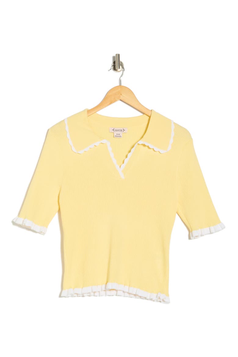 Scalloped Collar Short Sleeve Polo Sweater, Main, color, BUTTER YELLOW/ WHITE