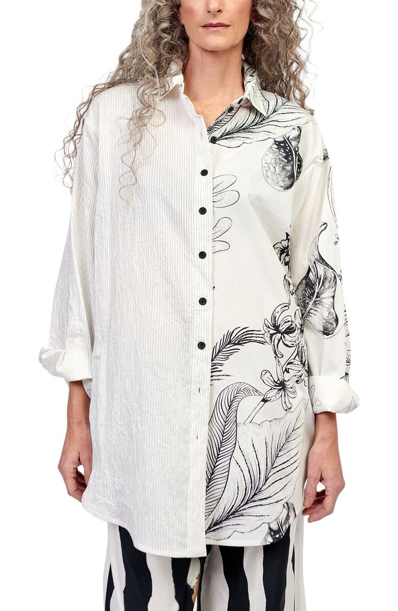 Alembika Botanica print mixed media button-up shirt, Main, color, 