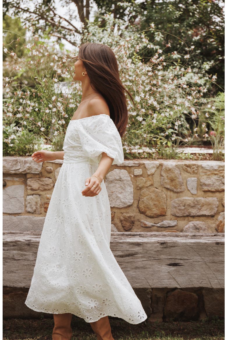 Clo Floral Eyelet Puff Sleeve Cotton Midi Dress, Alternate, color, WHITE BRODERIE