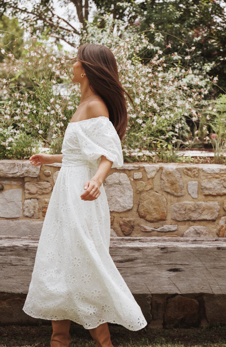 Petal & Pup Clo Floral Eyelet Puff Sleeve Cotton Midi Dress, Alternate, color, White Broderie