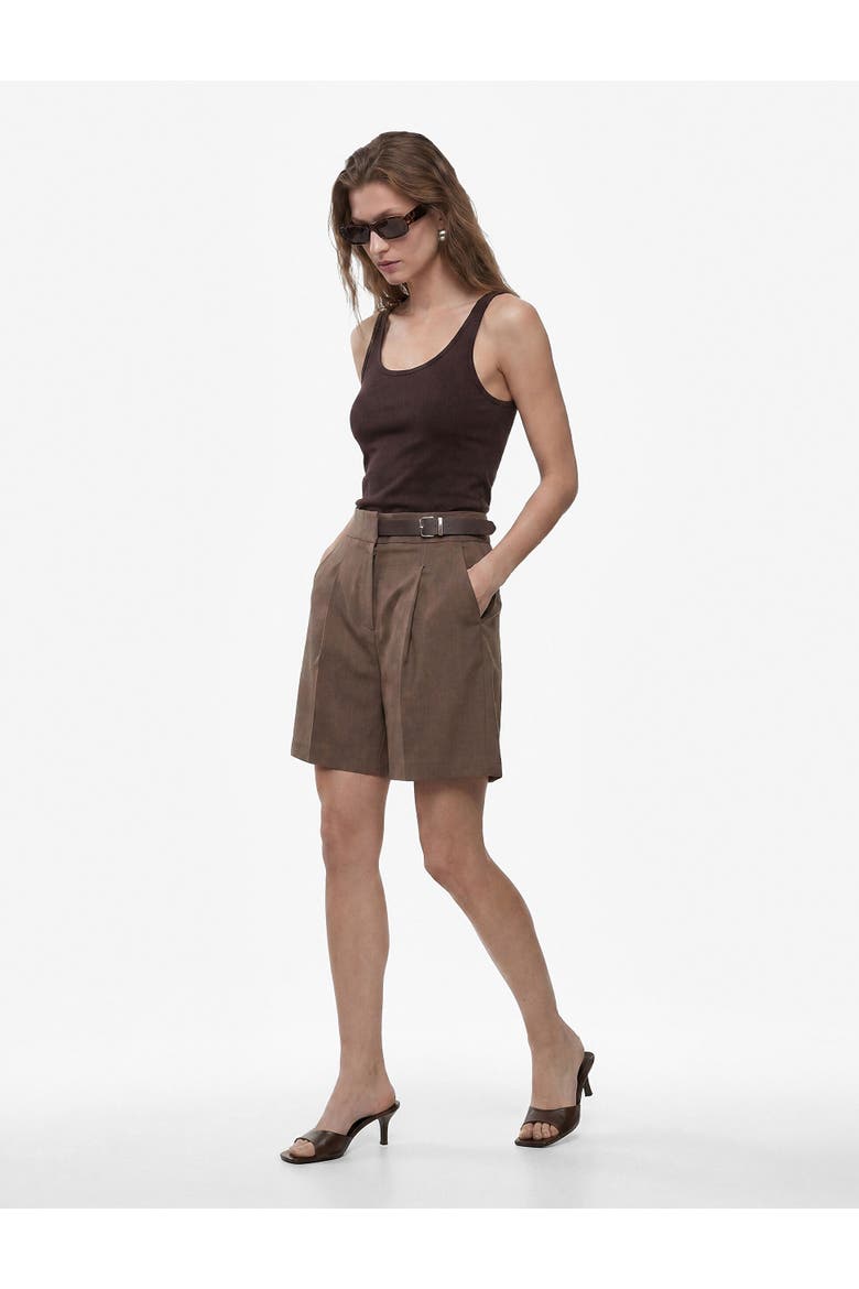 Pleated Linen Bermuda Shorts with Half Belted, Alternate, color, BROWN