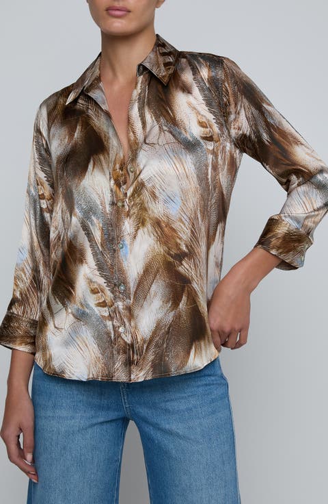 Dani Feather Print Three-Quarter Sleeve Silk Button-Up Shirt
