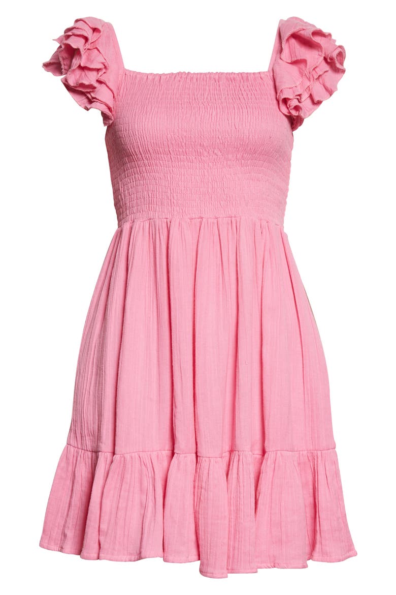 Bea Smocked Ruffle Minidress, Alternate, color, AZALEA