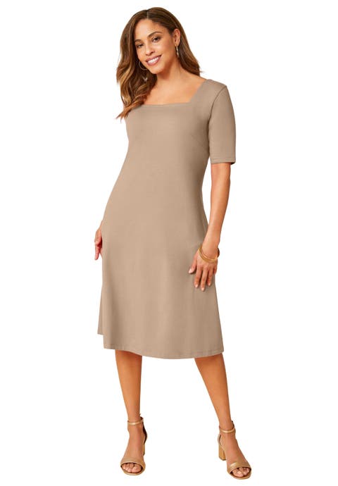 Stretch Cotton Square Neck Midi Dress (Plus Available)