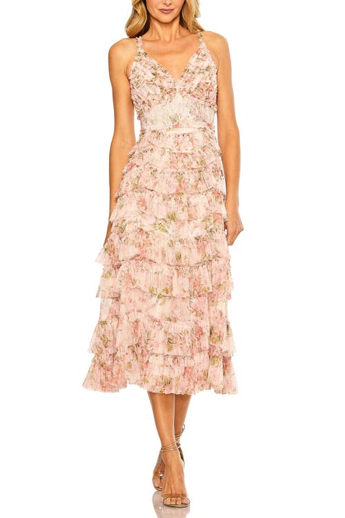 Mac Duggal Sleeveless V Neck Floral Mesh Ruffle Midi Dress In Blush Multi