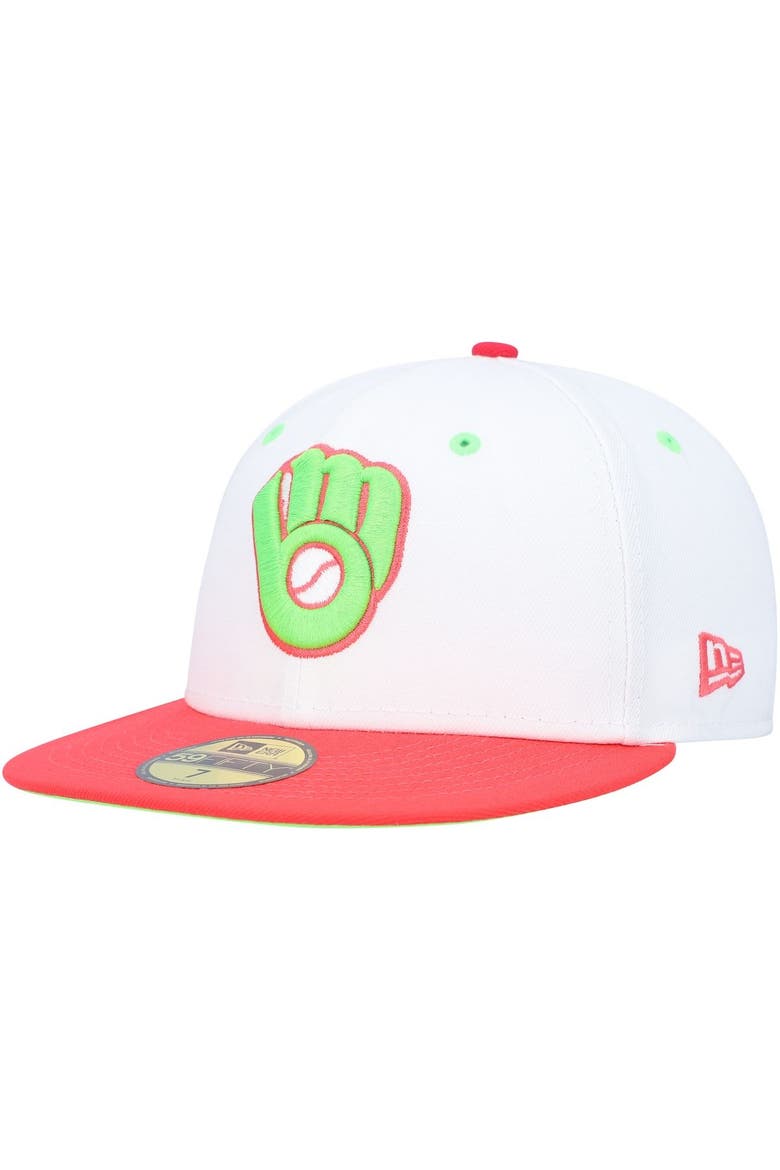 Men's New Era White/Coral Milwaukee Brewers  County Stadium Strawberry Lolli 59FIFTY Fitted Hat, Alternate, color, White