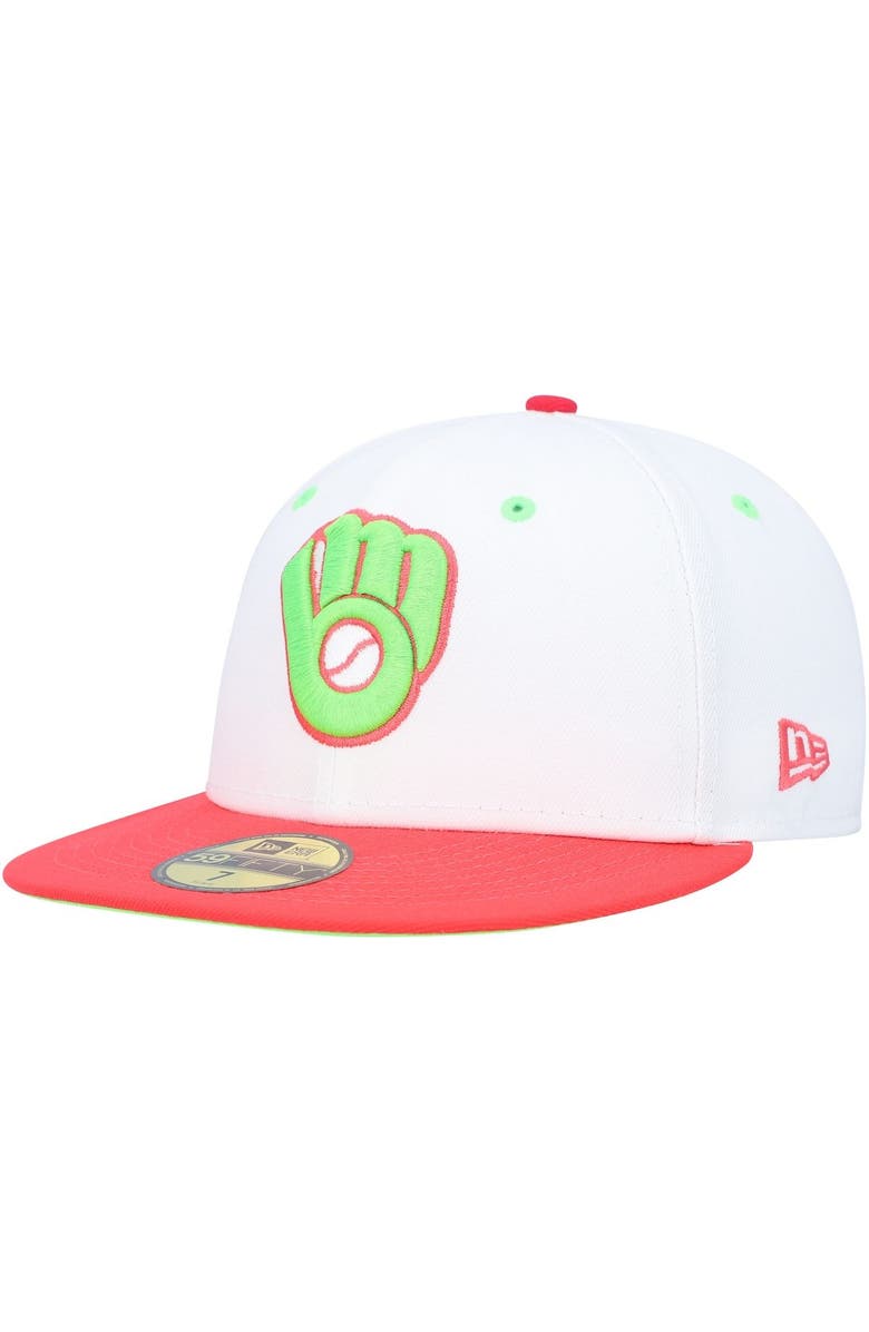 New Era Men's New Era White/Coral Milwaukee Brewers  County Stadium Strawberry Lolli 59FIFTY Fitted Hat, Alternate, color, 