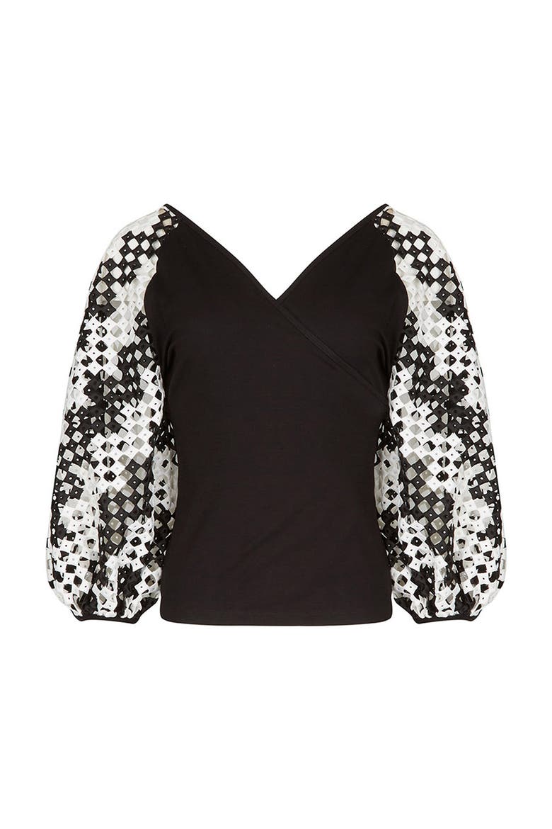 Women's  Mirella Black V-Neck Top With Sheer Mesh Sleeves, Alternate, color, Black