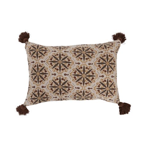Recycled Cotton Blend Lumbar Pillow with Floral Medallion Print and Tassels, Cover Only