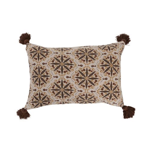 Storied Home Recycled Cotton Blend Lumbar Pillow With Floral Medallion Print And Tassels, Cover Only In Brown