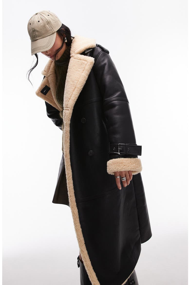 Oversize High Pile Fleece Lined Faux Leather Aviator Coat, Alternate, color, BLACK