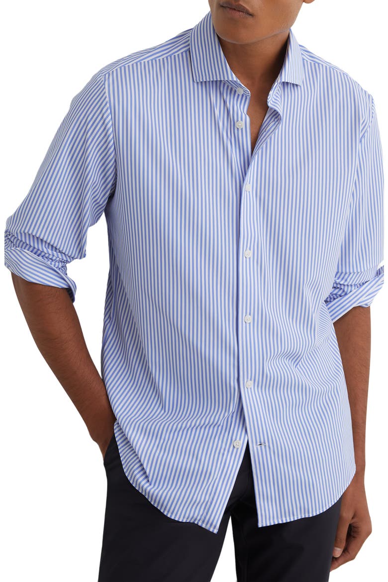 Volley Slim Fit Stripe Performance Shirt, Main, color, SOFT BLUE/ WHITE