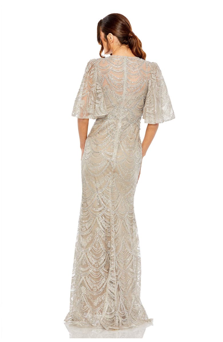 Mac Duggal Flutter Sleeve High Neck Gown, Alternate, color, Taupe