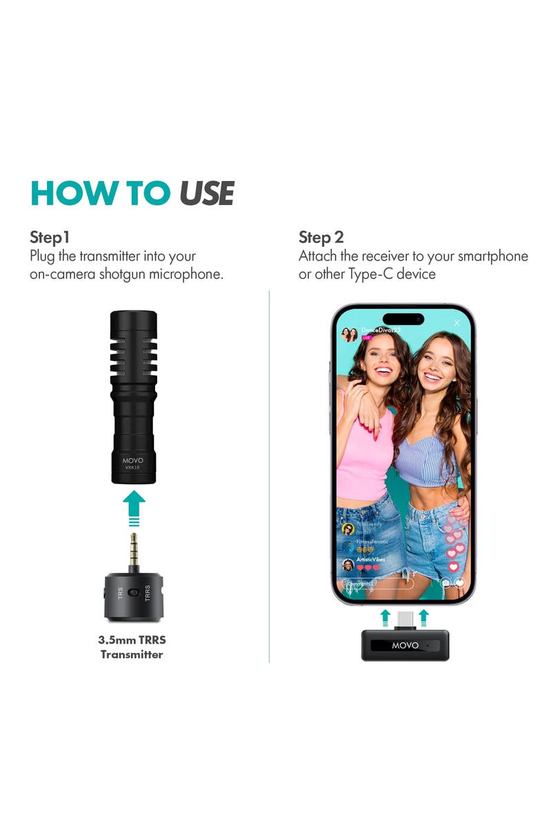 MOVO WM-VXR10 Wireless Shotgun Mic Adapter for USB-C/iPhone 15 and up/Android Devices - Compatible VXR10, VXR10-PRO, and Rode VideoMicro, Alternate, color, Black