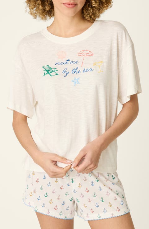 Meet Me By The Sea Embroidered Cotton Blend Pajama Top