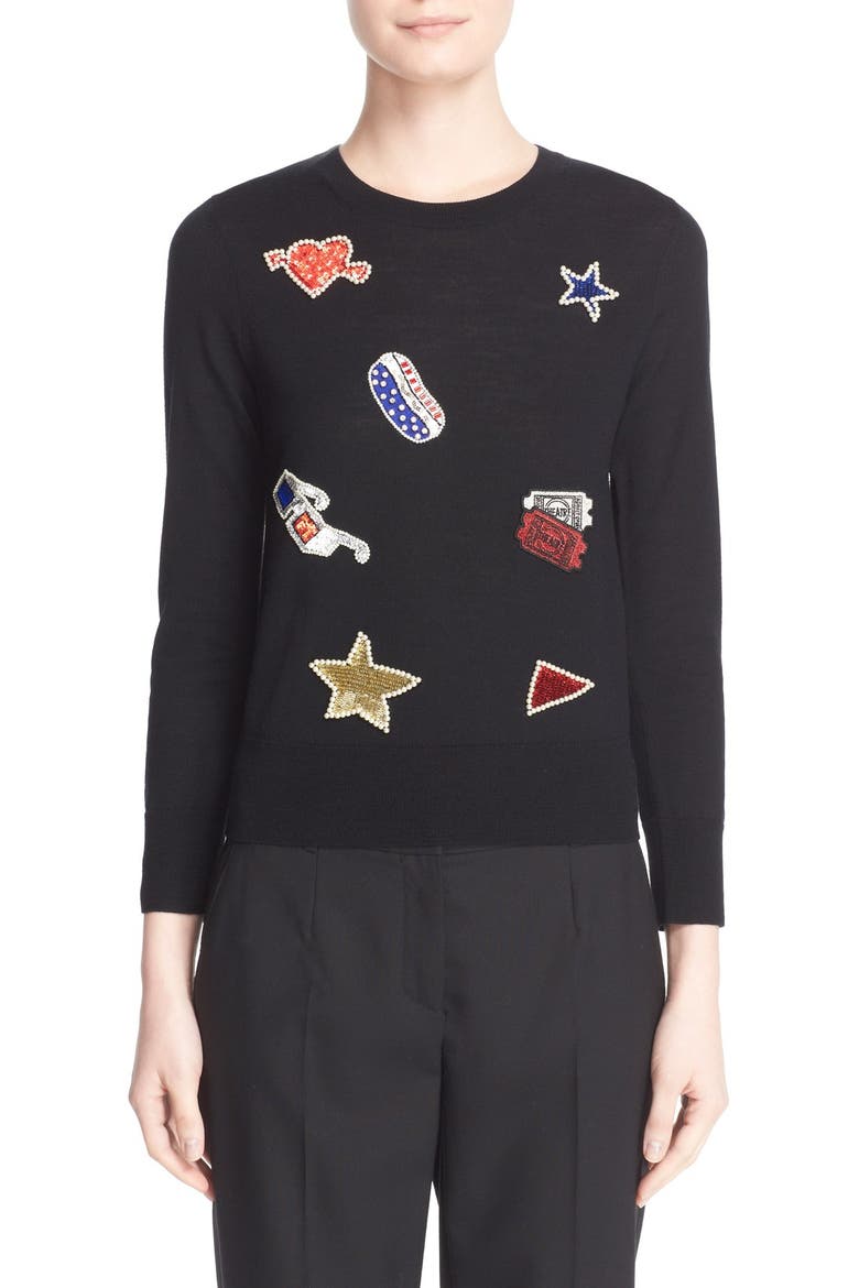 Embroidered Patch Wool Sweater, Main, color, BLACK