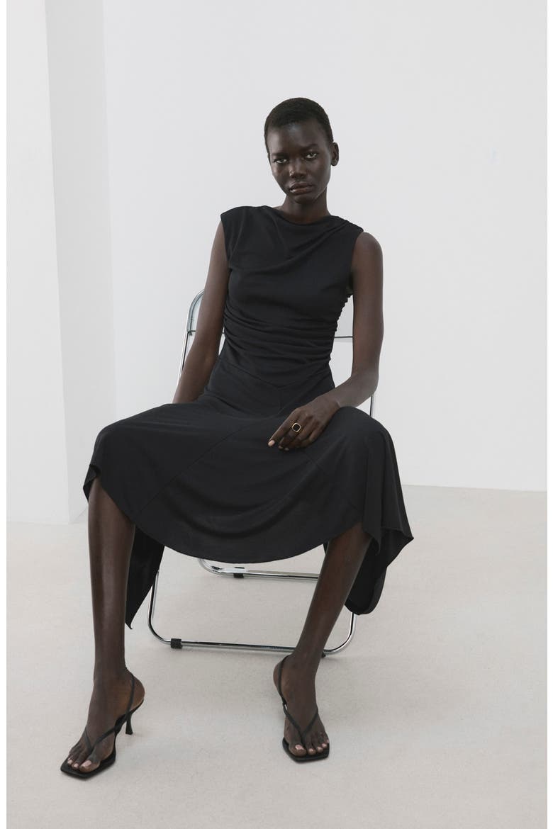 Sandy Asymmetric Hem Ruched Maxi Dress, Alternate, color, BLACK