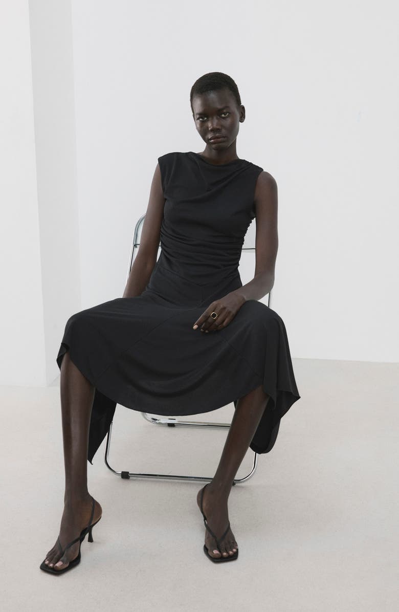 MANGO Sandy Asymmetric Hem Ruched Maxi Dress, Alternate, color, Black