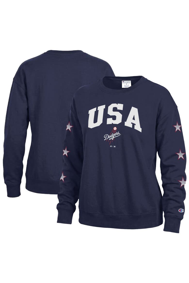 Women's Champion  Navy Los Angeles Dodgers Americana Fleece Crewneck Sweatshirt, Main, color, Navy