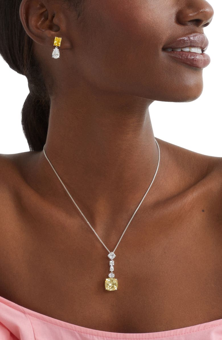 Nadri Soleil Yellow Cubic Zirconia Cushion Pendant Necklace, Alternate, color, Rhodium