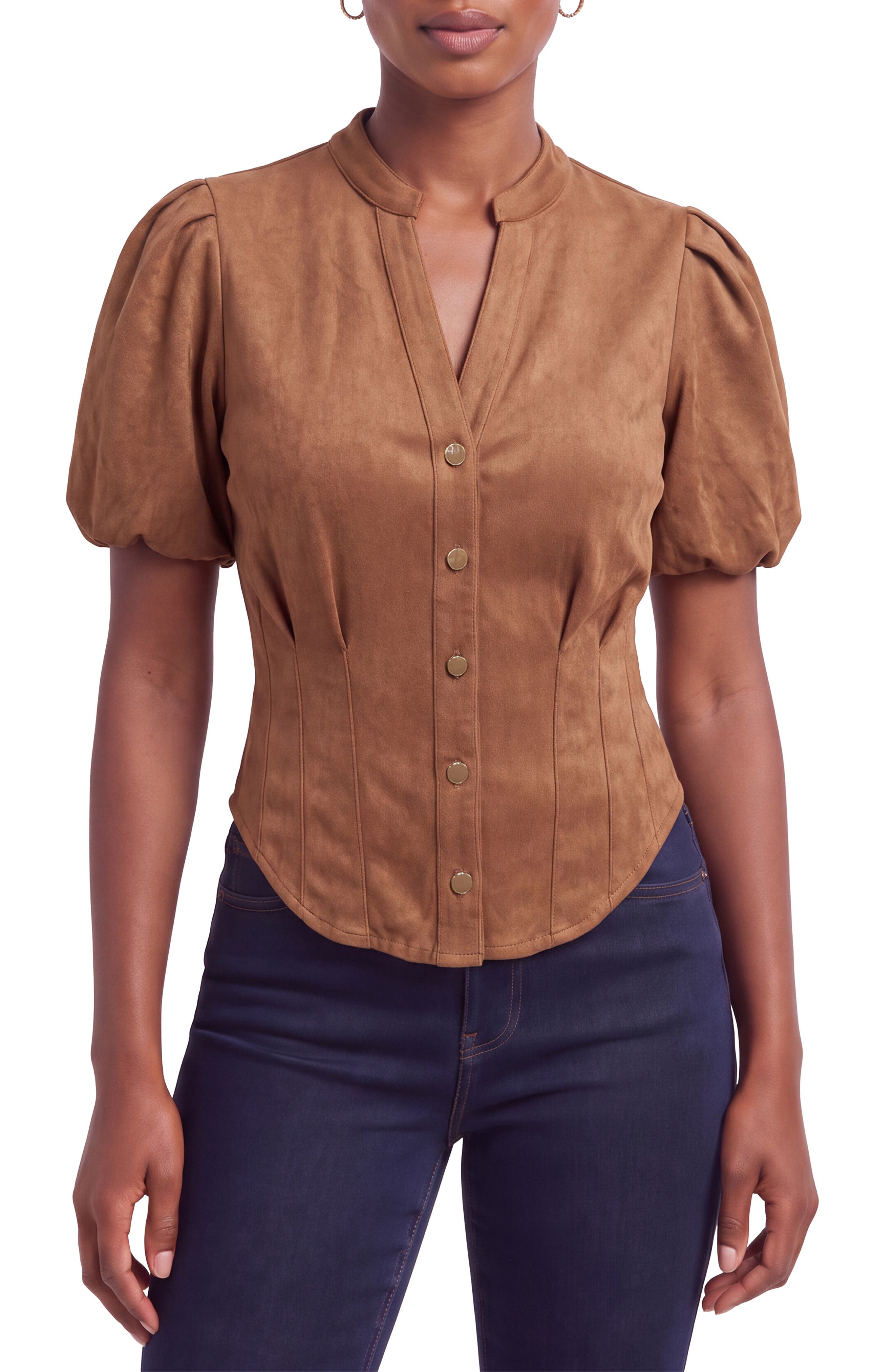 Puff Sleeve Faux Suede Shirt