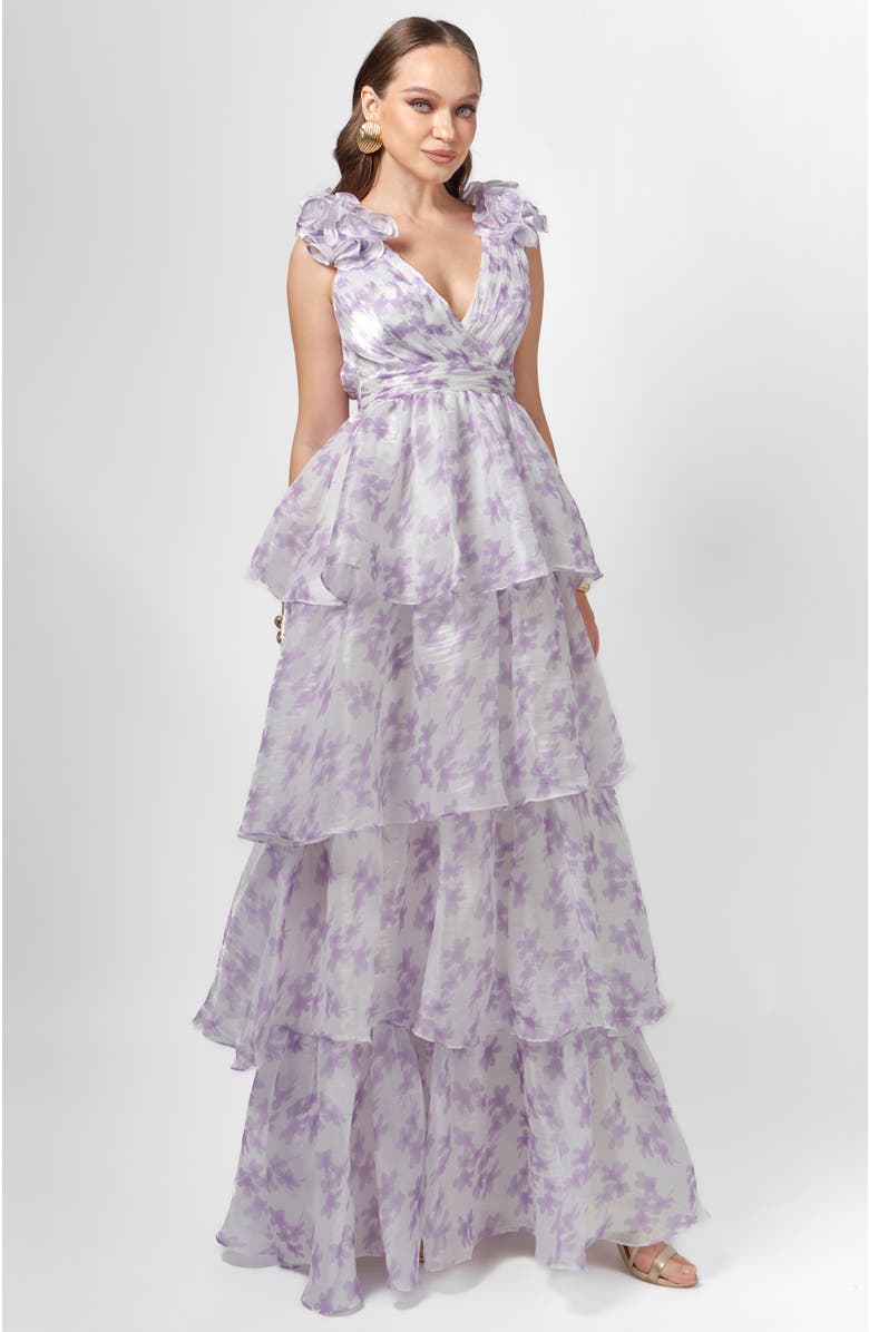 Bariano Violeta Tiered Print Gown, Alternate, color, Lilac Print