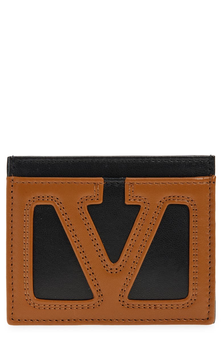 Valentino Garavani Viva Superstar Leather Card Holder, Main, color, Black/ Tan