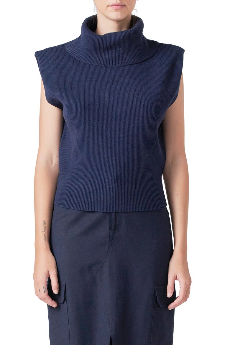 Sleeveless Rib Turtleneck Sweater, Main, color, NAVY