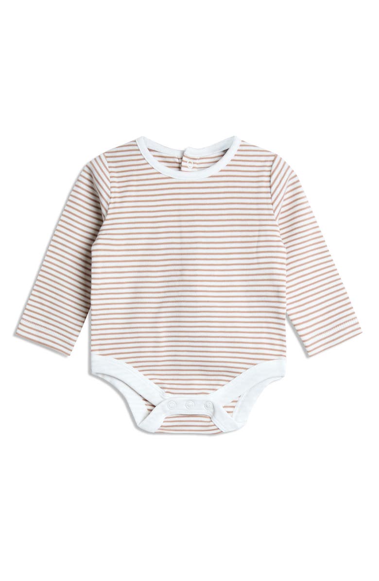 JOJO MAMAN BEBE Stripe Long Sleeve Bodysuit & Bear Appliqué Overalls Set, Alternate, color, Brown