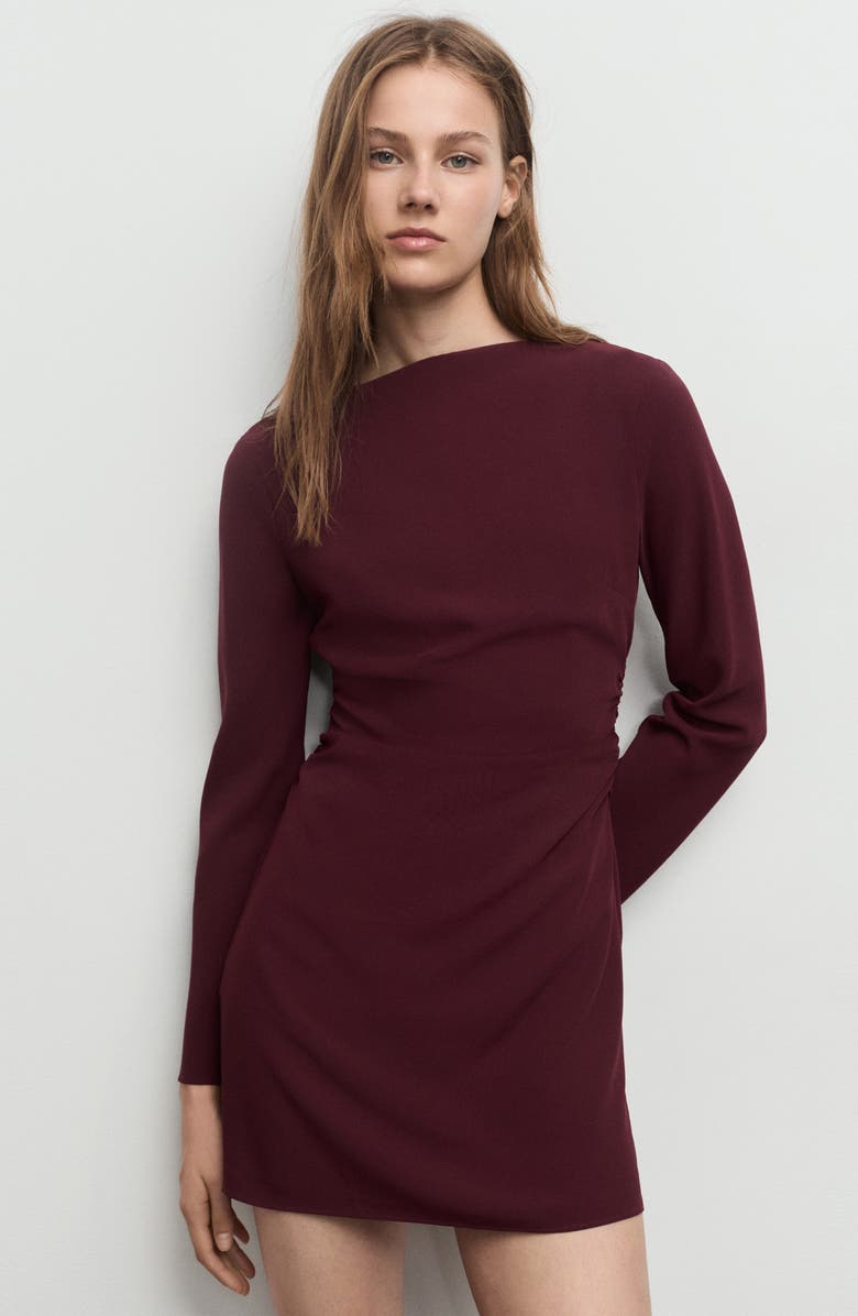 MANGO Ruched Bateau Neck Long Sleeve Minidress, Alternate, color, Maroon