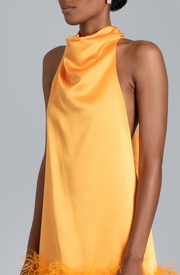Nolita Feather Trim Halter Satin Cocktail Minidress