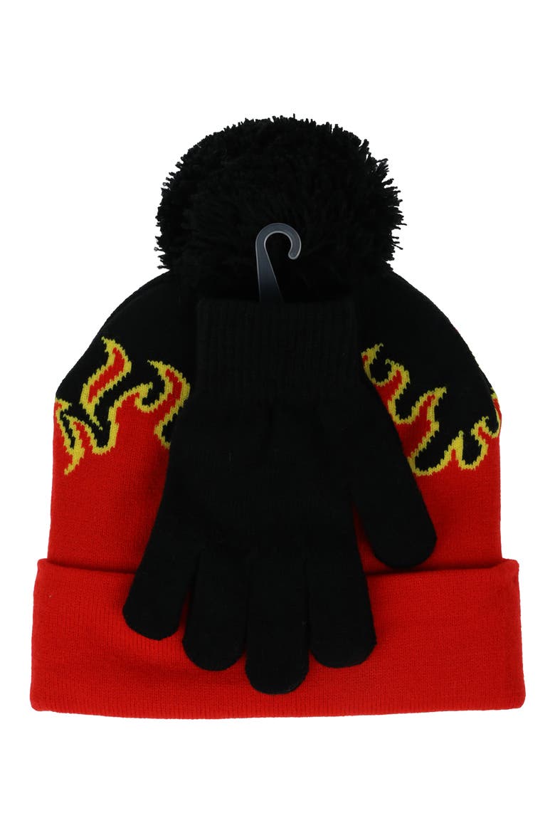 Kids' Hot Wheels Beanie & Gloves Set, Alternate, color, BLACK/ RED MULTI