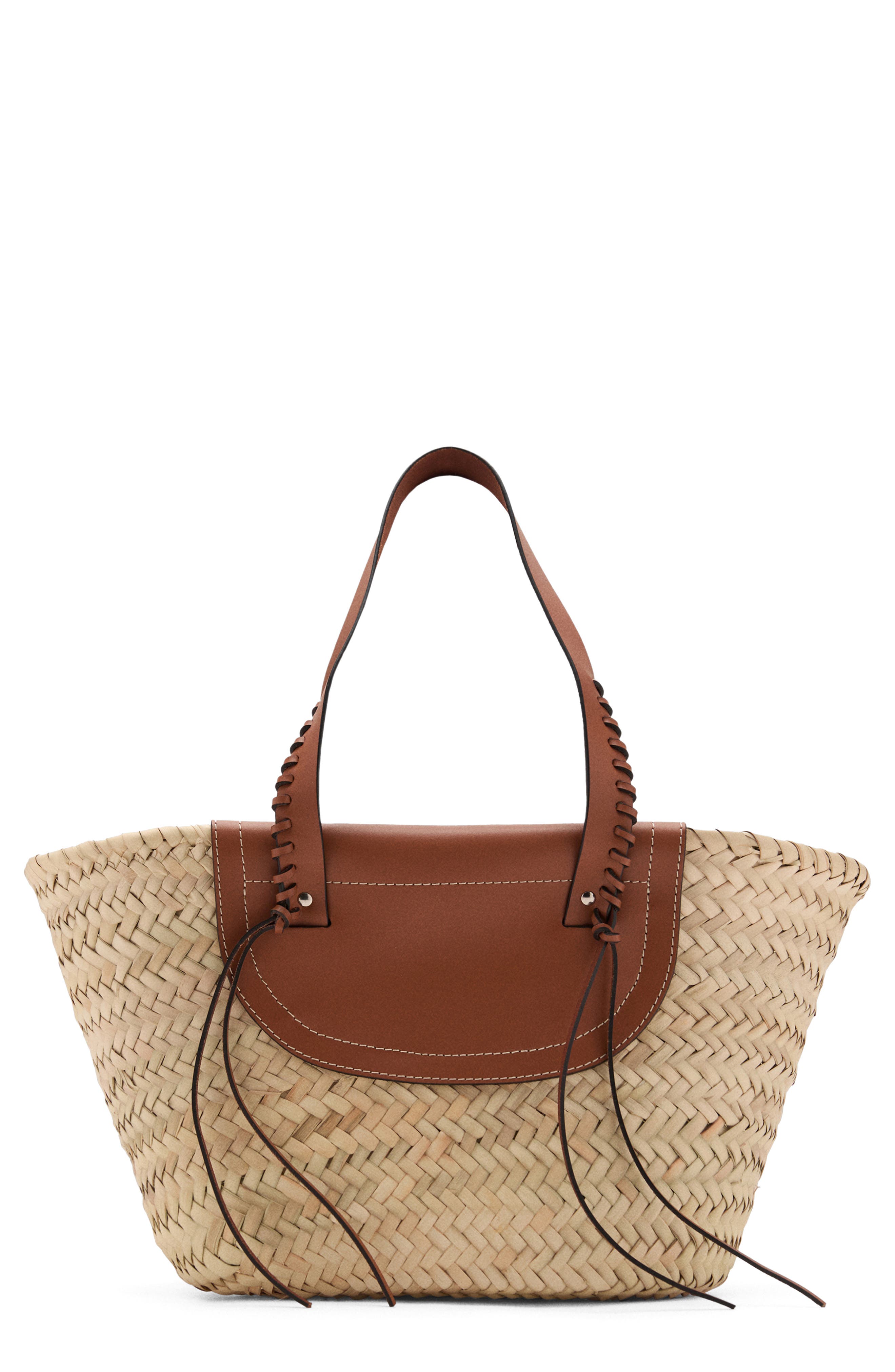 MANGO Large Straw Basket Bag, Main, color, Leather
