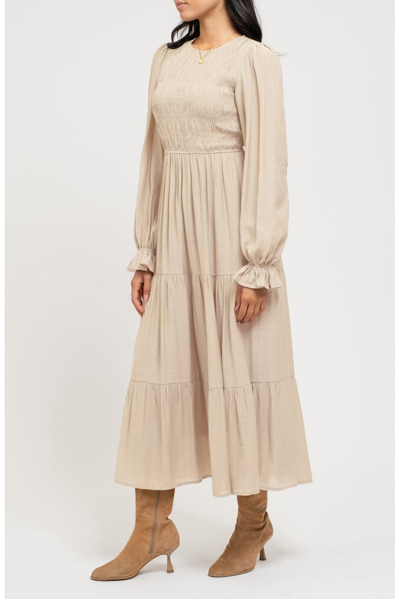 Smocked Long Sleeve Tiered Dress, Alternate, color, CHAMPAGNE
