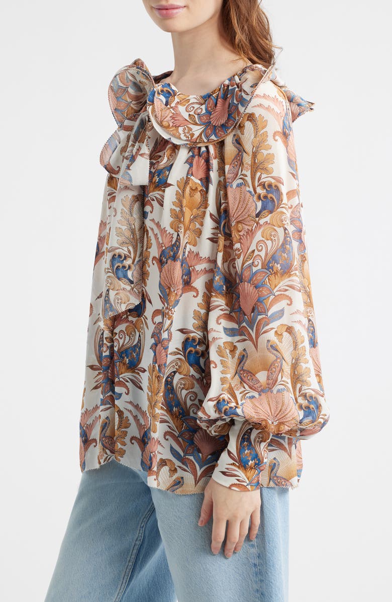 FARM Rio Sea Garden Tie Neck Top, Alternate, color, Sea Garden Off-White