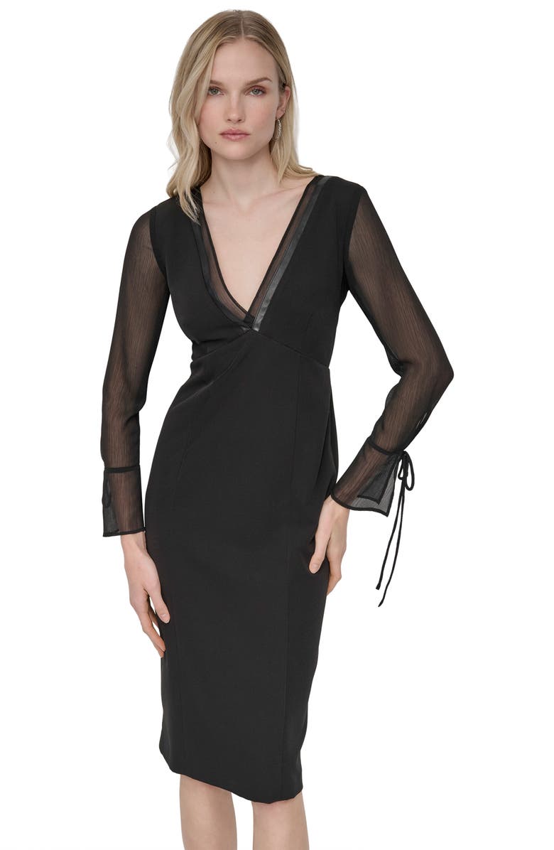 DKNY V-Neck Sheer Long Sleeve Sheath Dress, Alternate, color, Black/ Black