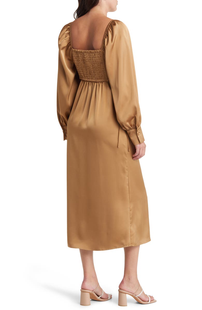 MOON RIVER Cutout Long Sleeve Satin Midi Dress, Alternate, color, Bronze