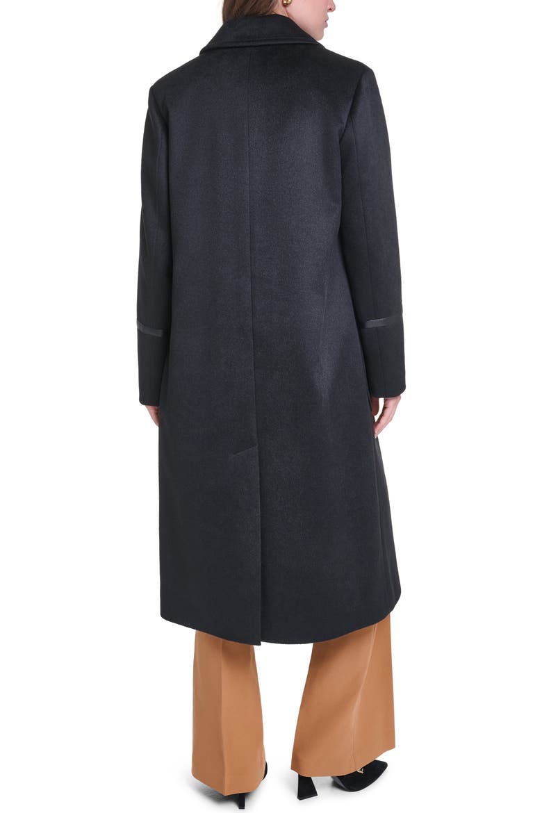 Single Breasted Coat with Faux Leather Trim, Alternate, color, BLACK