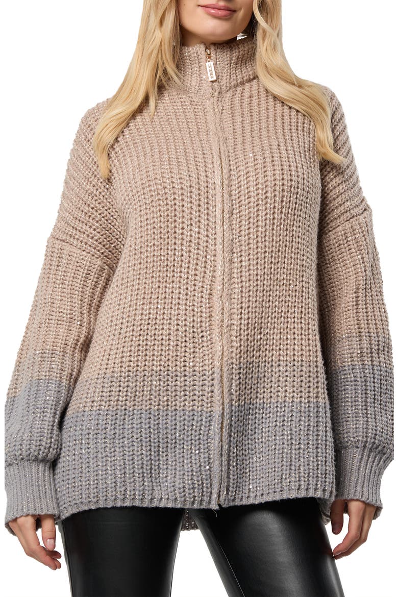 Sequin Crocheted Zip-Up Cardigan, Main, color, BROWN