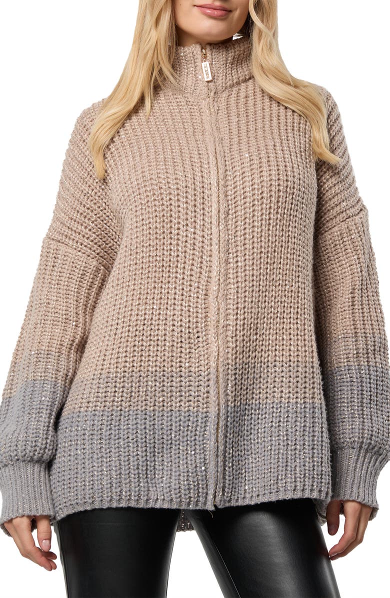 SAACHI Sequin Crocheted Zip-Up Cardigan, Main, color, Brown