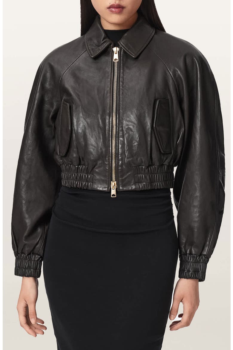 Anouk Leather Crop Bomber Jacket, Main, color, BITTER BROWN