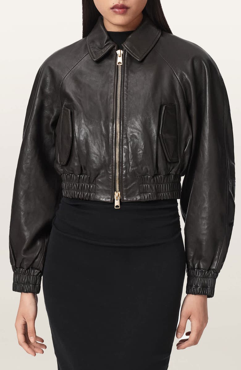 AllSaints Anouk Leather Crop Bomber Jacket, Main, color, Bitter Brown