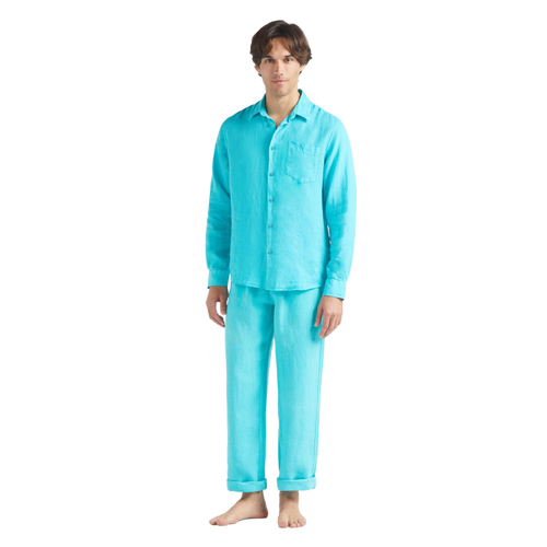 Vilebrequin - Caroubis Linen Long Sleeved Shirt In Santorini Blue Crsh9u10 In Vert Disco