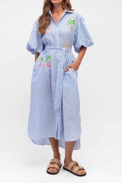 Tropical Embroidered  Shirt Dress