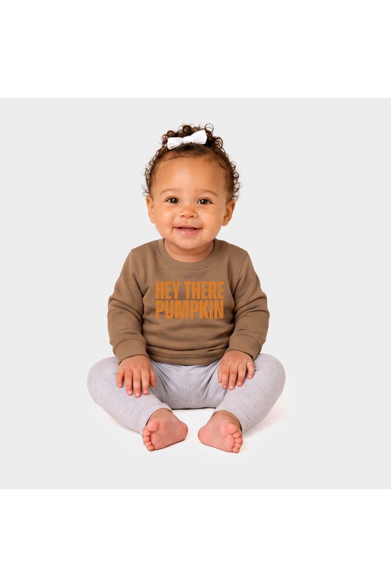 Hey There Pumpkin Distressed Infant Crew Fleece Sweatshirt, Main, color, Camel