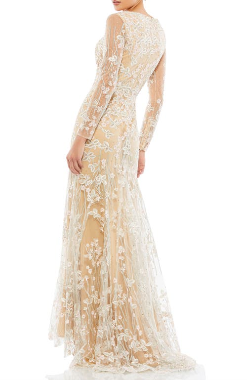 Mac Duggal Embroidered V Neck Long Sleeve Trumpet Gown In Ivory Nude