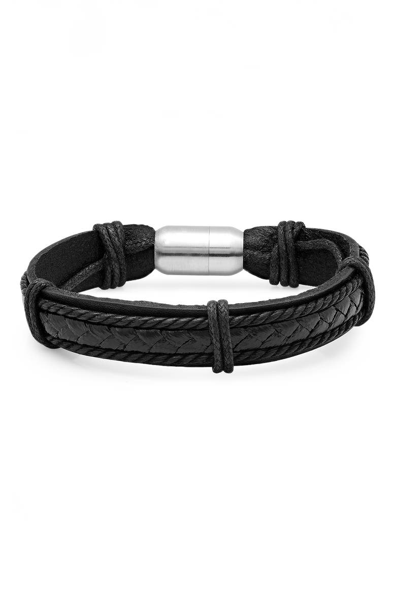 Men's Stainless Steel Charm & Braided Leather Bracelet, Main, color, BLACK